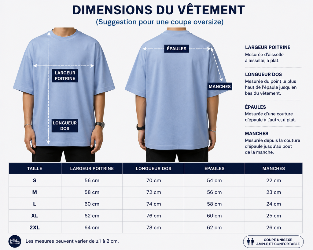 Guide des tailles - Dimensions du vêtement oversize Baharii